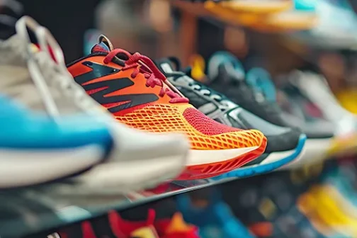 Running sport footwear shoes collection in a store.